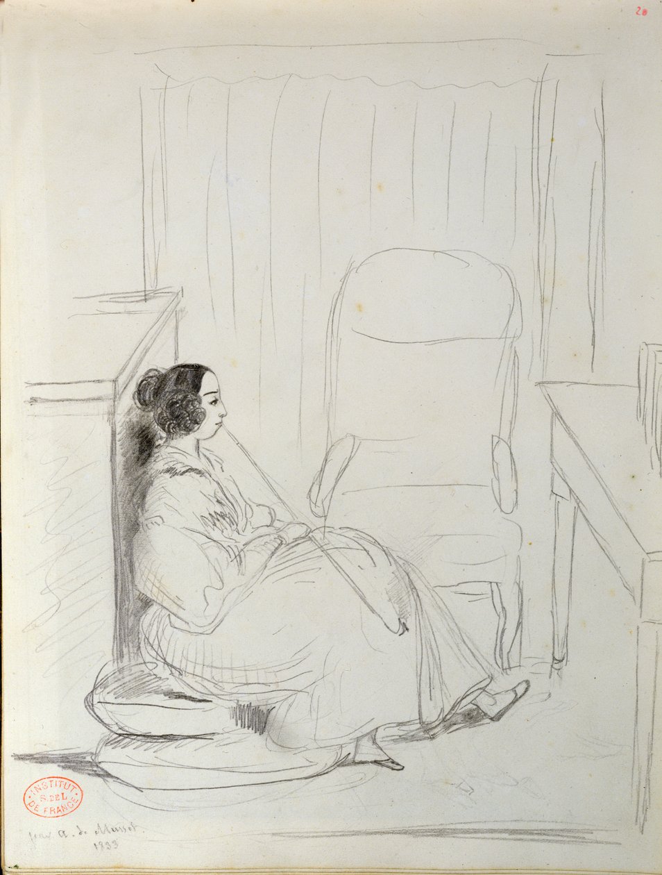 George Sand (1804-76) oturmuş ve pipo içiyor, 1833 by Alfred de Musset