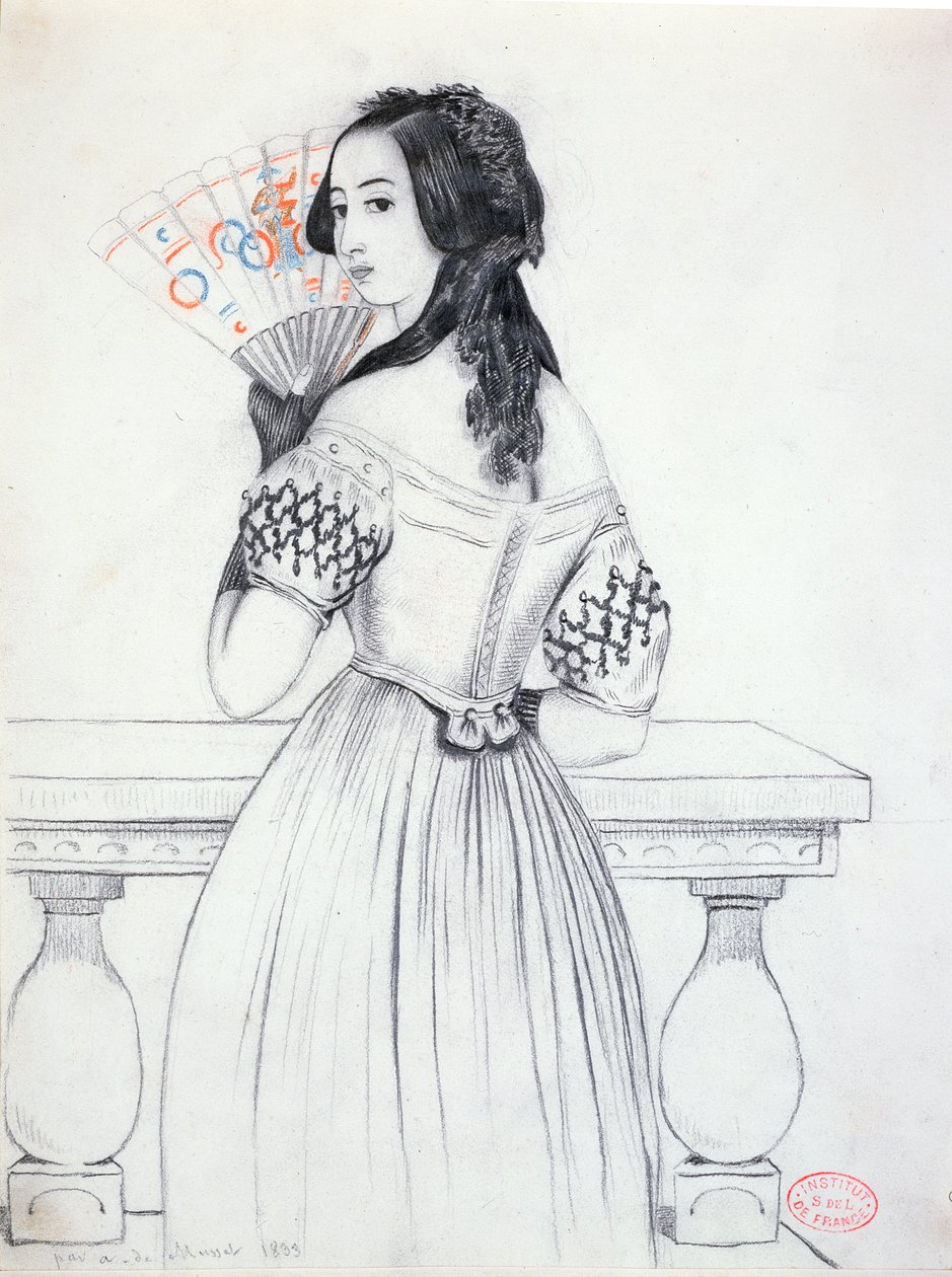 George Sand (1804-76) bir yelpazeyle, 1833 by Alfred de Musset