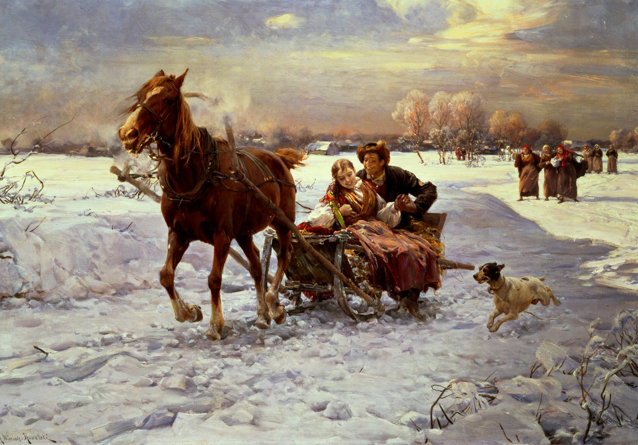 Bir kızakta aşıklar by Alfred von Wierusz Kowalski