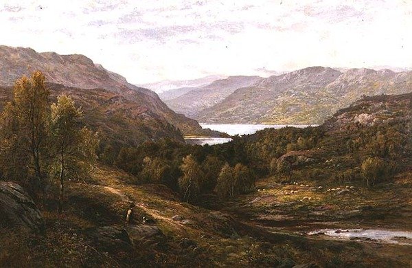 Bir Yayla Manzarasında Köpeğiyle Bir Çoban Çocuk by Alfred Augustus Glendening