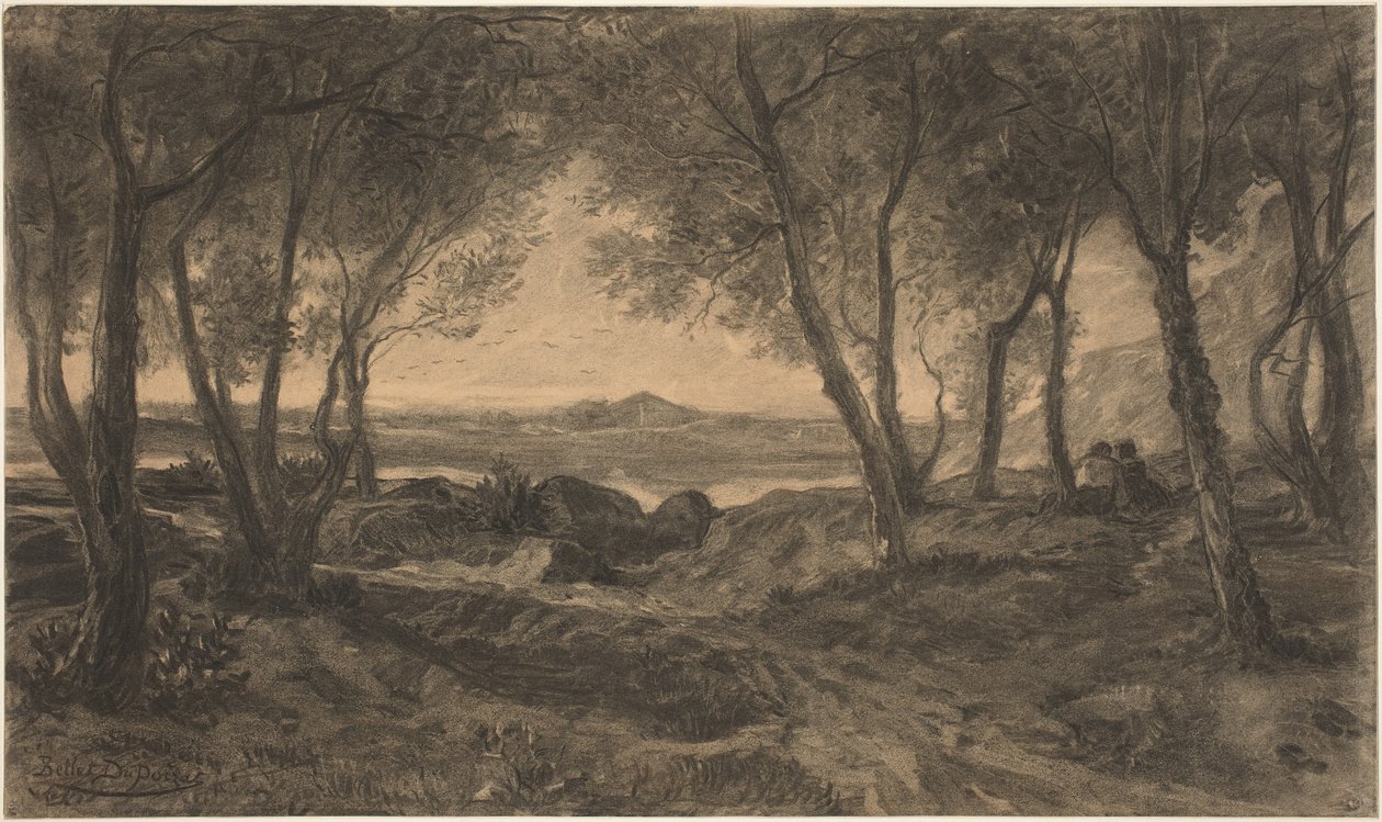 Bir Gölün Üzerinde Ağaçların Arasında Oturan Bir Çift by Alfred Bellet du Poisat