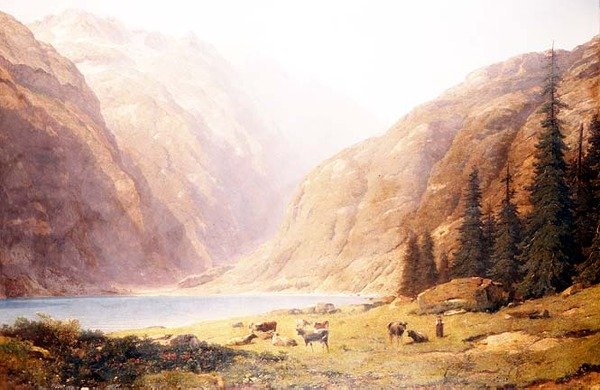 Sığırlarla dolu dağlık bir göl manzarası by Alfred Chavannes