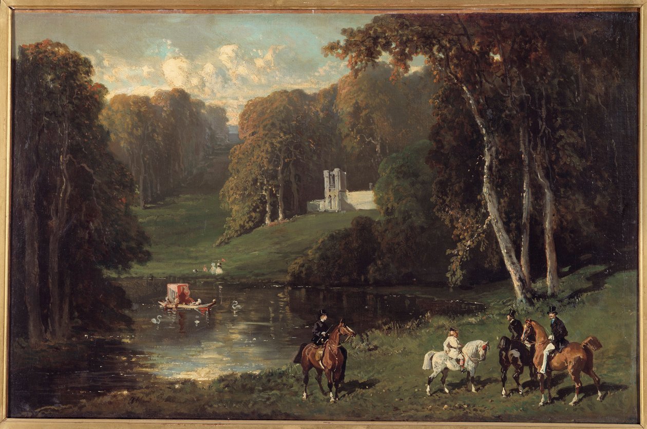 Bir gölün kıyısında atlılar ve Amazonlar Resim Alfred de Dreux (1810-1860) 19. yüzyıl Güneşi. 0,43x0,65 m by Alfred Dedreux