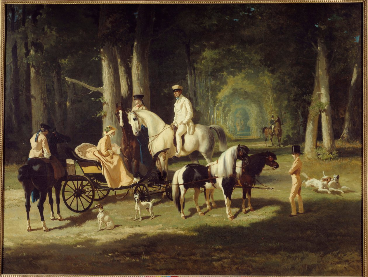 Bay ve Bayan A. Mosselman ve iki kızı ormanda at sırtında yürürler. Alfred de Dreux (1810-1860) 1848 Sun tarafından tablo. 2x2,65 m Paris, Petite Palais müzesi by Alfred Dedreux