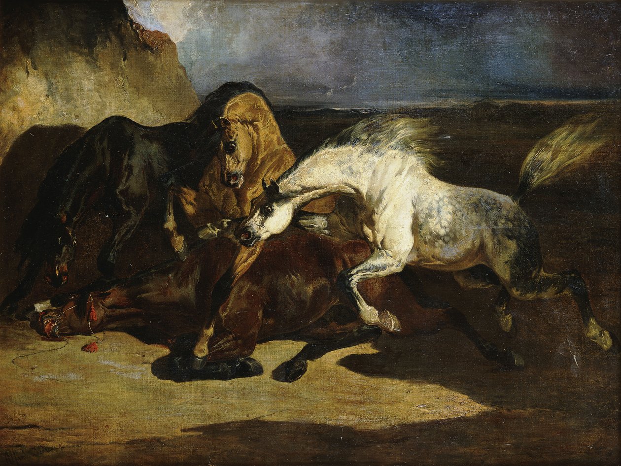 Fırtınalı Bir Manzarada Savaşan Aygırlar, by Alfred Dedreux
