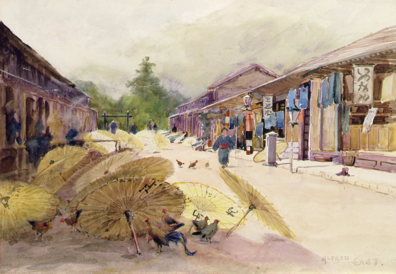Yağmur Fırtınasından Sonra Kuruyan Şemsiyeler, 1889 dolayları (kağıt üzerine suluboya) by Alfred East