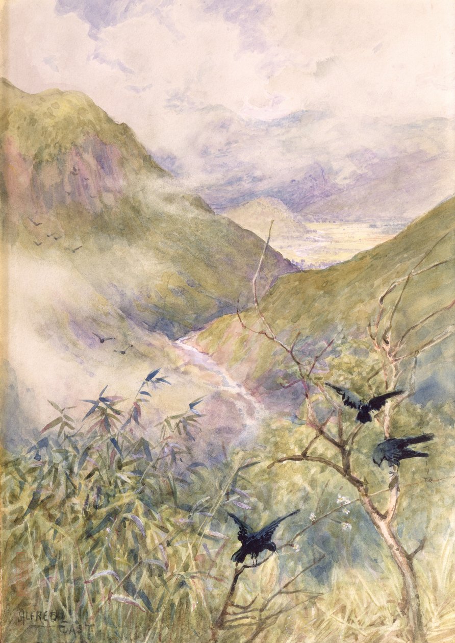 Zambaklara Bakmak: Nikko Vadisi Doğuya Shimo-no-Tsuke Eyaletine Doğru Bakmak, c.1889 (kağıt üzerinde wc) by Alfred East