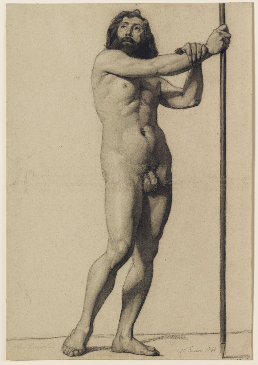 Akademik figür çalışması: bir değnek tutan çıplak erkek, 1844 by Alfred Emile Stevens