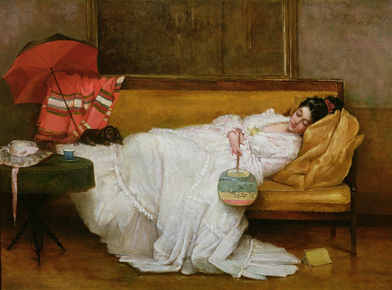 Kanepede oturan beyaz elbiseli kız by Alfred Emile Stevens