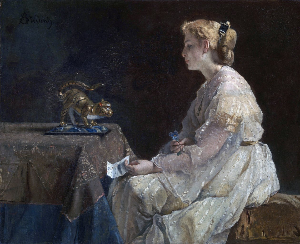 ""Şimdiki"" Bir kedi heykelciği keşfeden genç bir kadın - Alfred Stevens (1823-1906) tarafından 1870 dolaylarında Londra Ulusal galerisi by Alfred Emile Stevens