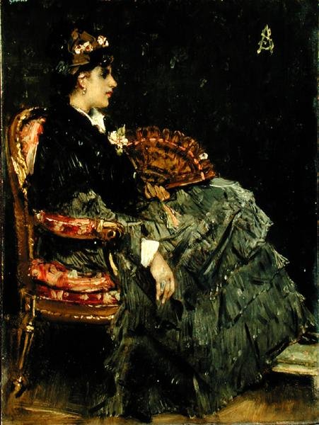Vantilatörlü Oturan Bayan (panelde yağ) by Alfred Emile Stevens
