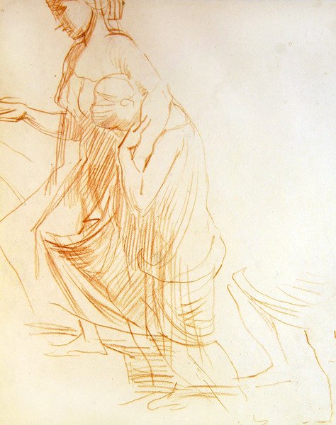 Biri ayakta diğeri diz çökmüş iki figürün incelenmesi, c.1850 (kağıt üzerinde kırmızı tebeşir) (versi için bkz. 366413) by Alfred George Stevens