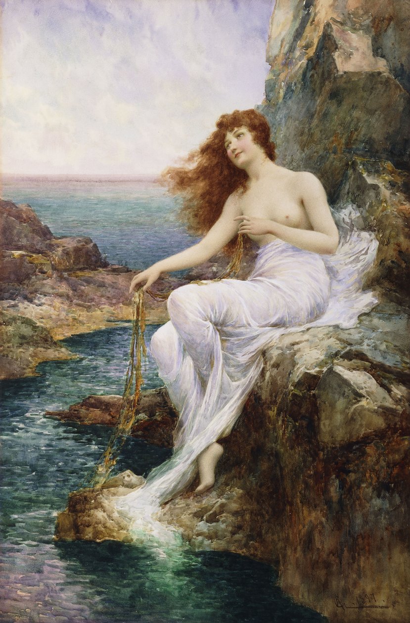 Bir Kayanın Üzerinde Deniz Yosunu Kurdelesiyle Oturan Deniz Perisi, 1897 by Alfred Glendening