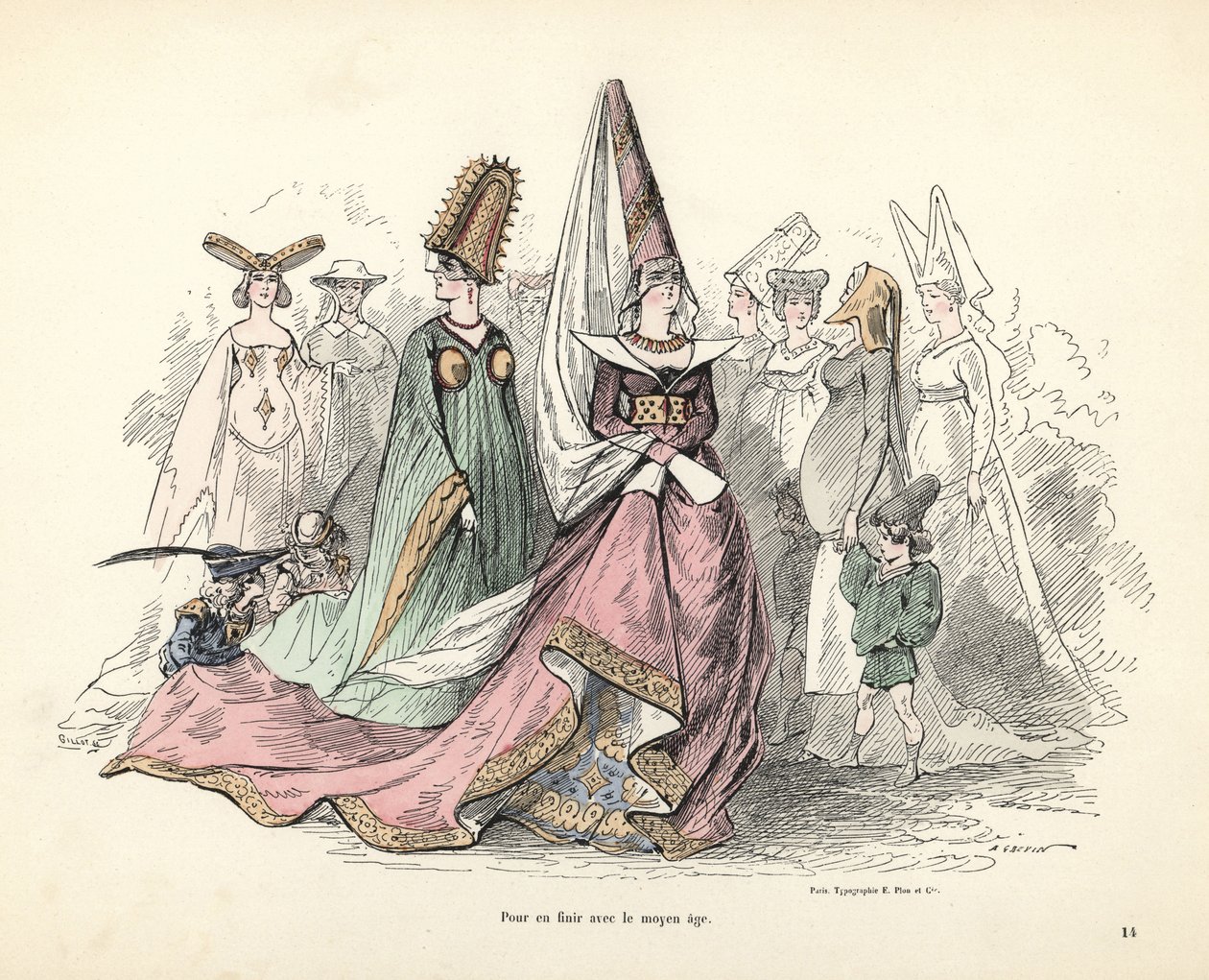 Orta çağda kadın ve çocuk kostümlerinin karikatürleri by Alfred Grevin