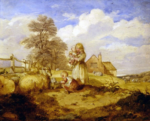 Ağacın Altındaki Çocuklar ve Koyunlar (tuval üzerine yağlı boya) by Alfred H. Green