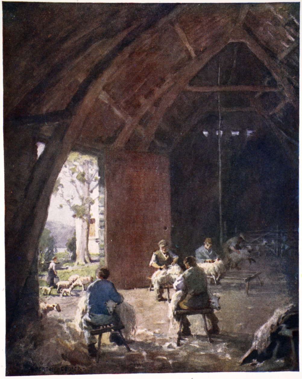 Koyun kırpma, Esthwaite Hall Çiftliği, orijinal suluboya baskı portföyünden, c.1920 by Alfred Heaton Cooper