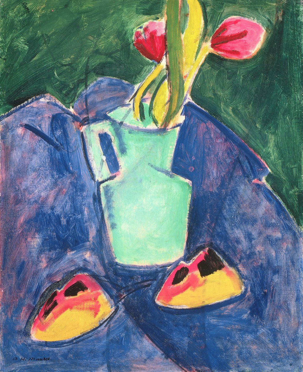 Mor Kumaş Üzerine Yeşil Vazoda Çiçekler by Alfred Henry Maurer