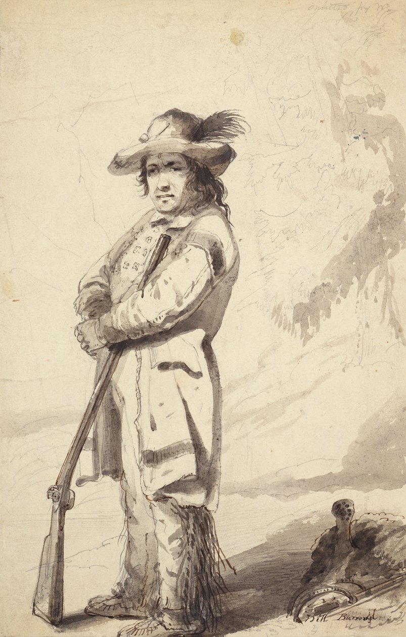 A Rocky Mountain Trapper, Bill Burrow, c.1837 (kalem, tükenmez kalem ve mürekkep ve kağıt üzerinde yıkama) by Alfred Jacob Miller