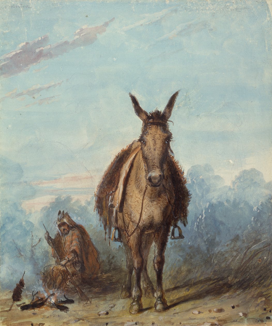 Yalnız Kampında Bir Tuzakçı, 1837 dolayları (kağıt üzerine suluboya) by Alfred Jacob Miller