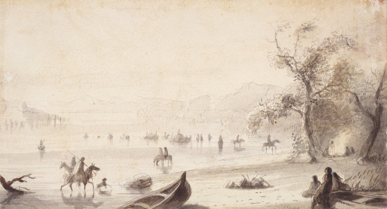 Platte Boyunca Boğa Gezintisi, 1837 dolayları (kağıt üzerine çizim) by Alfred Jacob Miller