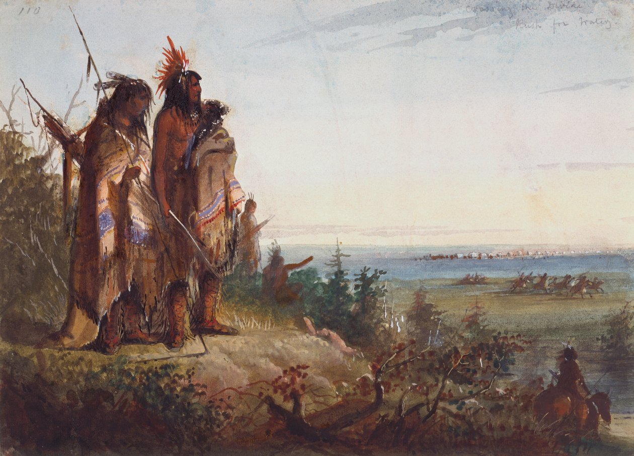 Bölünmeyi Geçmek veya Susamış Tuzakçılar Nehir İçin Acele Ediyor, 1837 dolayları (kağıt üzerine suluboya) by Alfred Jacob Miller