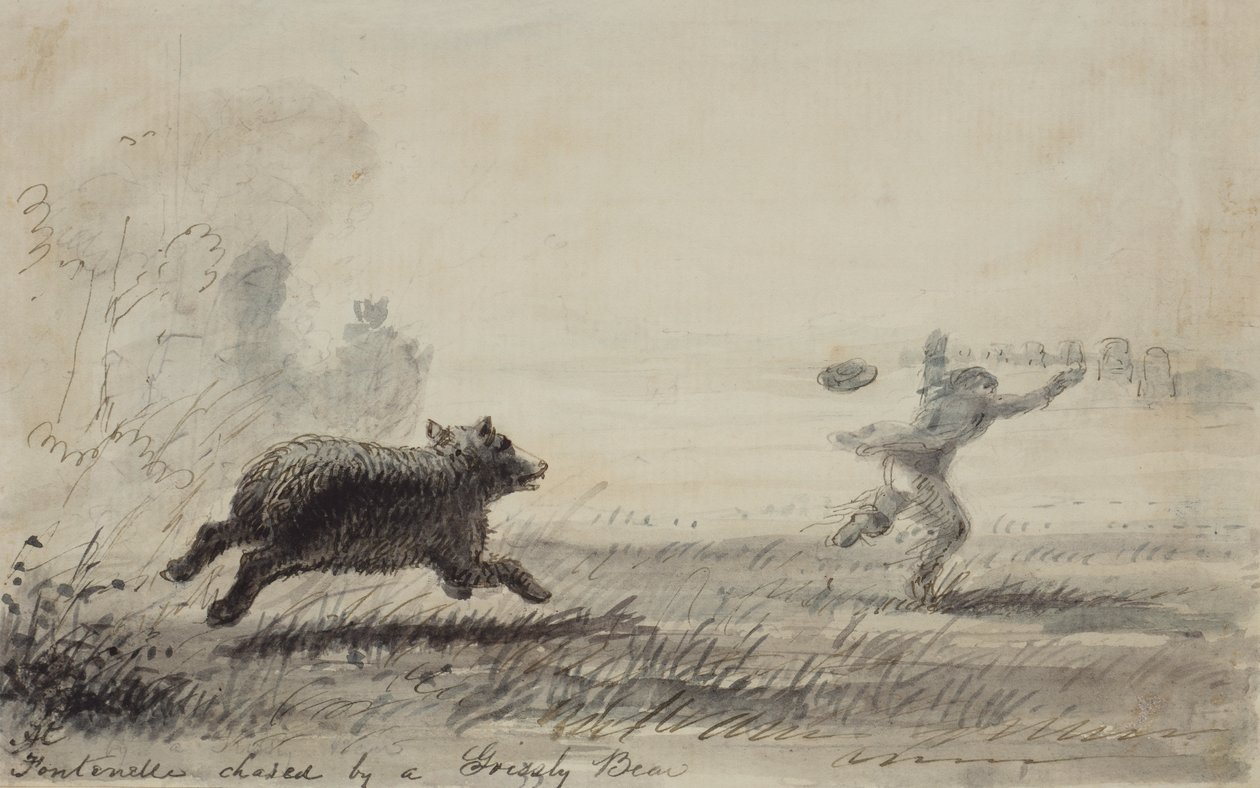 Fontenelle Bir Boz Ayı Tarafından Kovalandı, 1837 dolayları (kalem, mürekkep ve kağıt üzerinde yıkama) by Alfred Jacob Miller