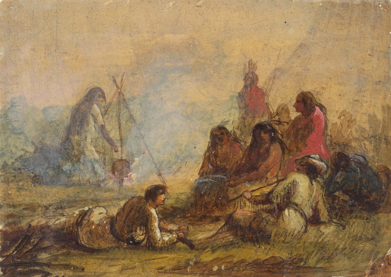Tuzakçılar ve Kızılderililer Grubu, 1837 dolayları (kağıt üzerine suluboya ve guaj boya) by Alfred Jacob Miller