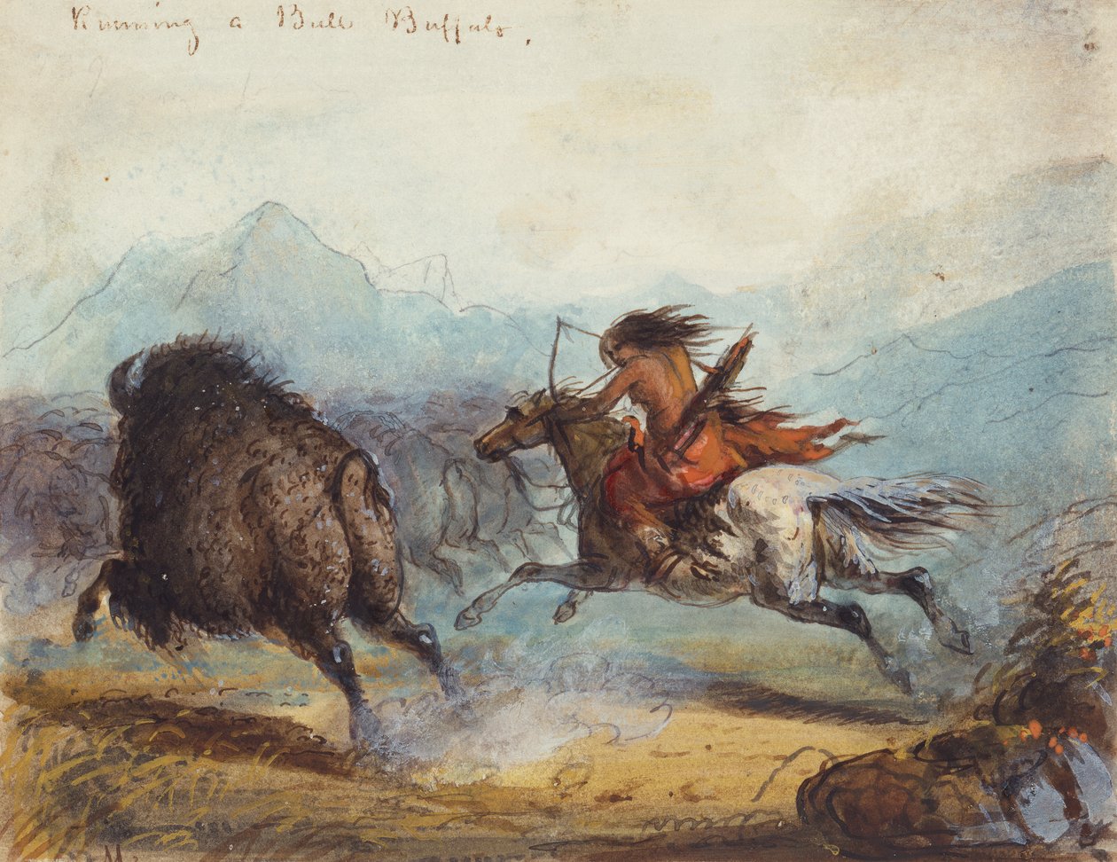 Bufalo Koşan Hintli Kadın, 1858-60 dolayları (kağıt üzerine suluboya) by Alfred Jacob Miller