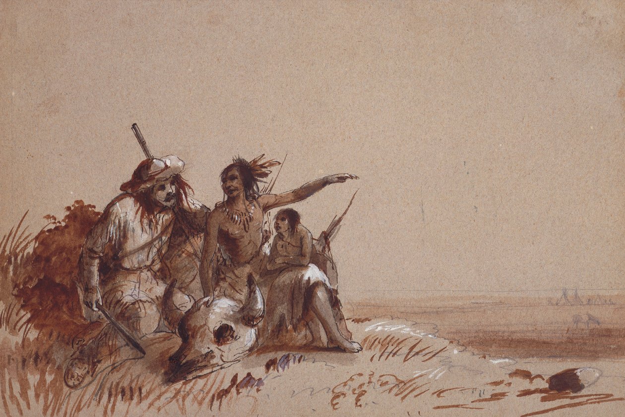 Kansas Indian Recounting to a Trapper, Signs, The Migration of Buffalo, c.1837 (kağıt üzerinde kurşun kalem, kahverengi ve siyah boyalar) by Alfred Jacob Miller