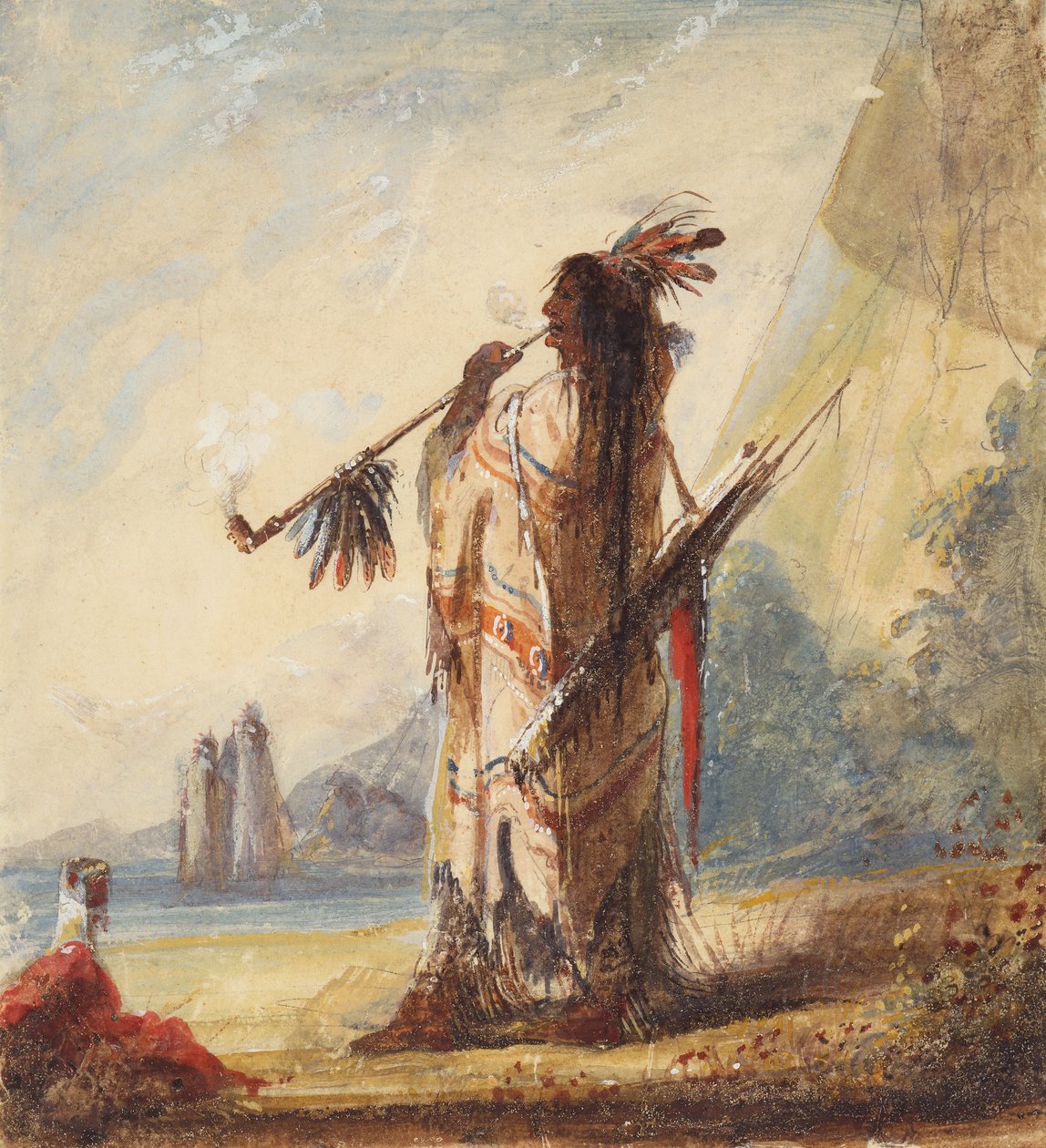 Leisure Cum Dignitatis Smoket the Calumet, c.1837 (kağıt üzerine kurşun kalem, suluboya ve guaj boya) by Alfred Jacob Miller
