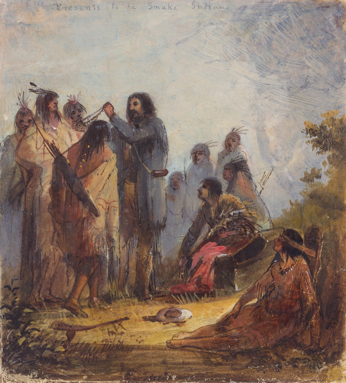 Yılan Kızılderililerine Hediyeler, 1837 dolayları (kağıt üzerinde yağlı boya) by Alfred Jacob Miller