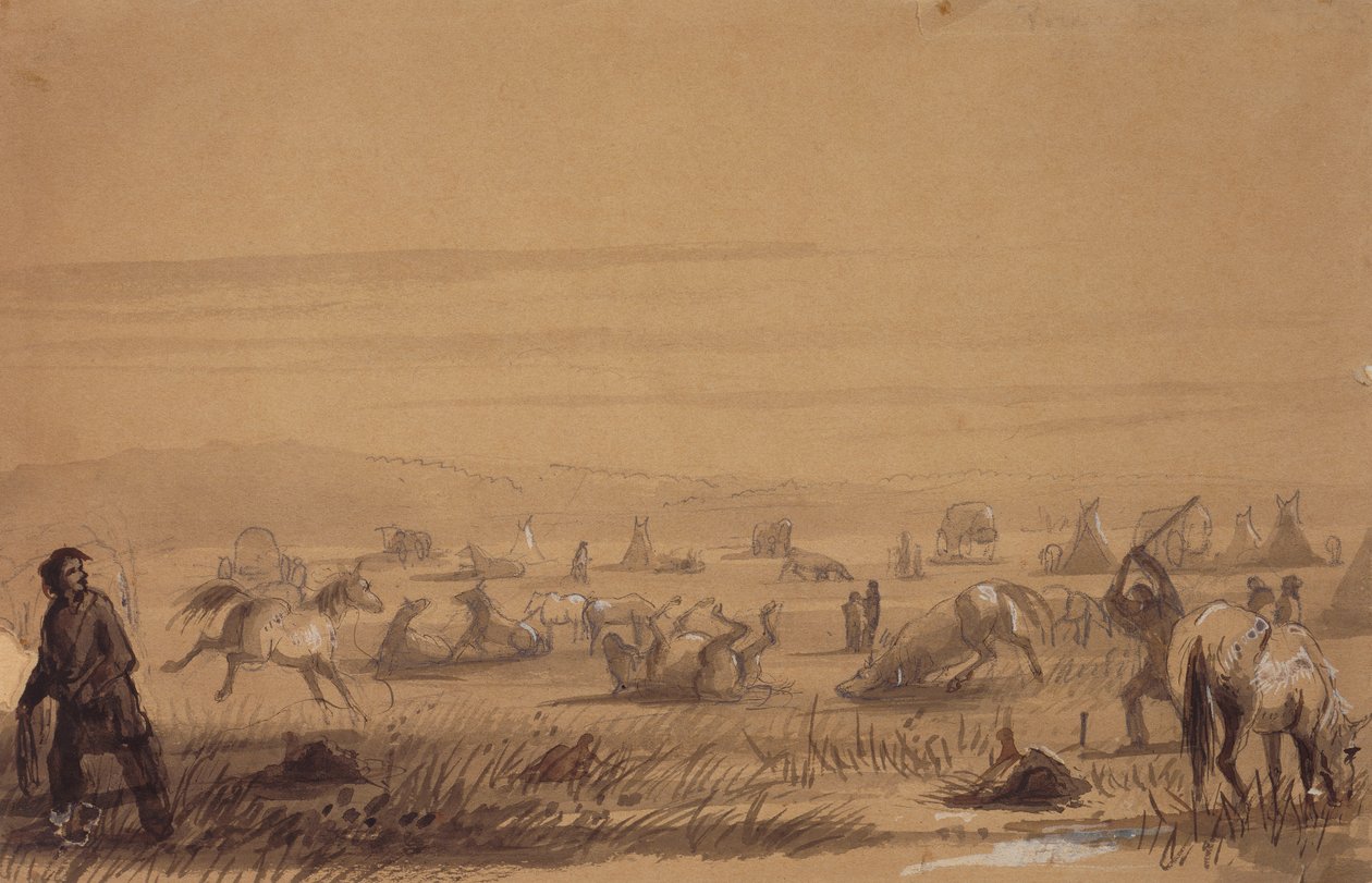 Kampa Ulaşmak, Eyerleri Kaldırmak, 1837 civarı (kalem, tükenmez kalem ve mürekkep, kağıt üzerine yıkama ve guaj boya) by Alfred Jacob Miller