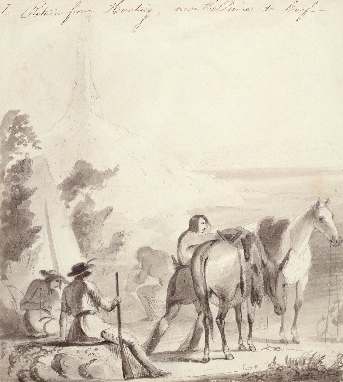 Avcılıktan Dönüş, c.1837 (kağıt tahtası üzerine yağlı boya) by Alfred Jacob Miller