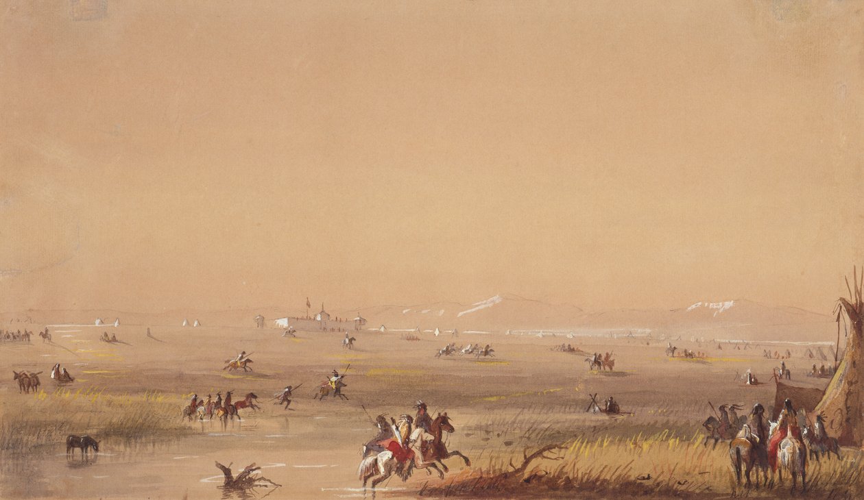 Fort Laramie yakınlarında sahne, c.1837 (kağıt üzerine kurşun kalem, sulu boya ve guaj boya) by Alfred Jacob Miller