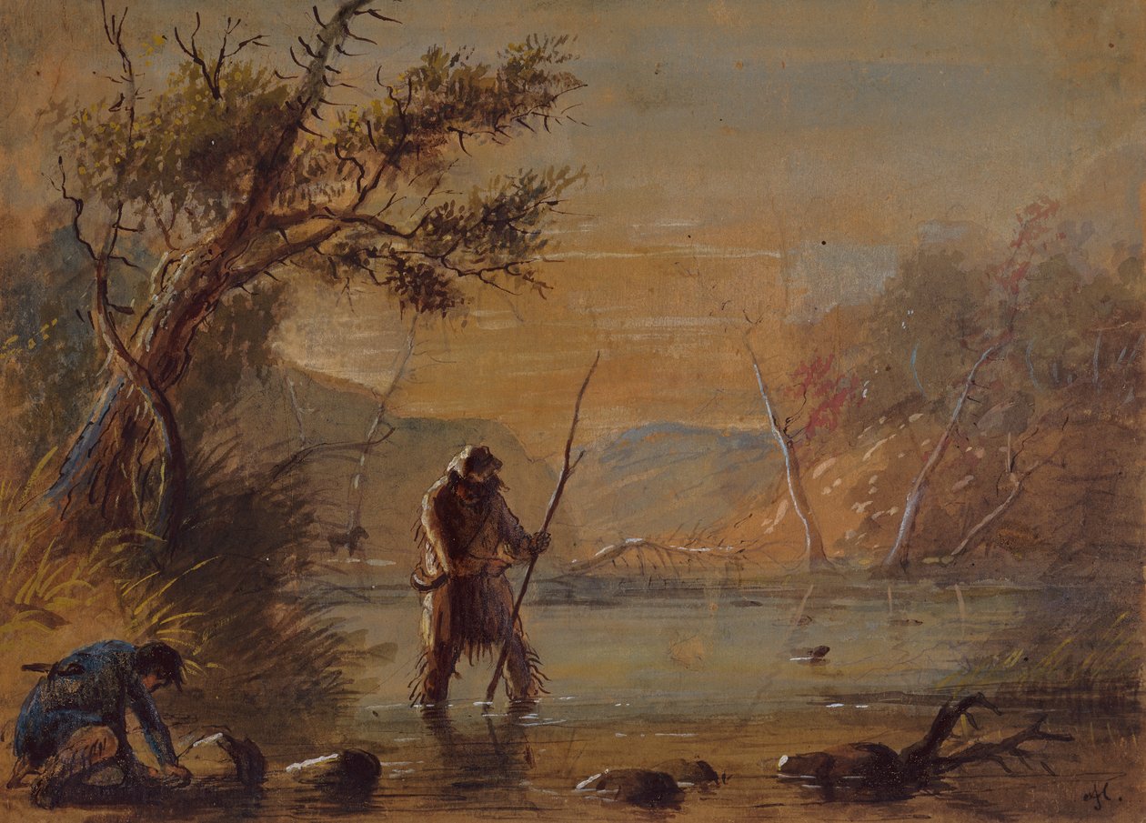 Kunduz İçin Tuzak Kurma, c.1837 (kağıt üzerine kurşun kalem, sulu boya ve guaj boya) by Alfred Jacob Miller