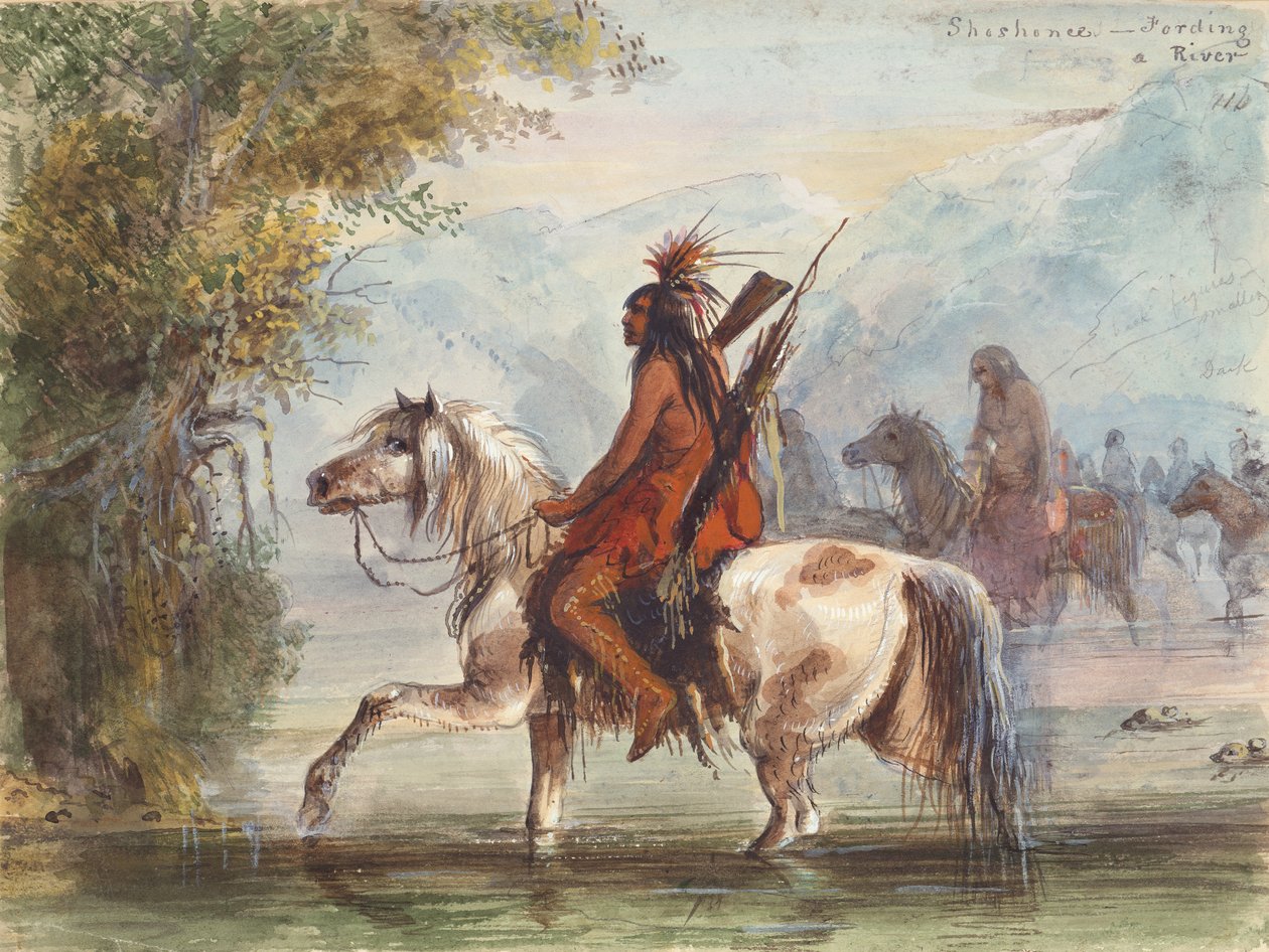 Shoshone Camp Fording a River, 1837 dolayları (kağıt üzerine suluboya) by Alfred Jacob Miller