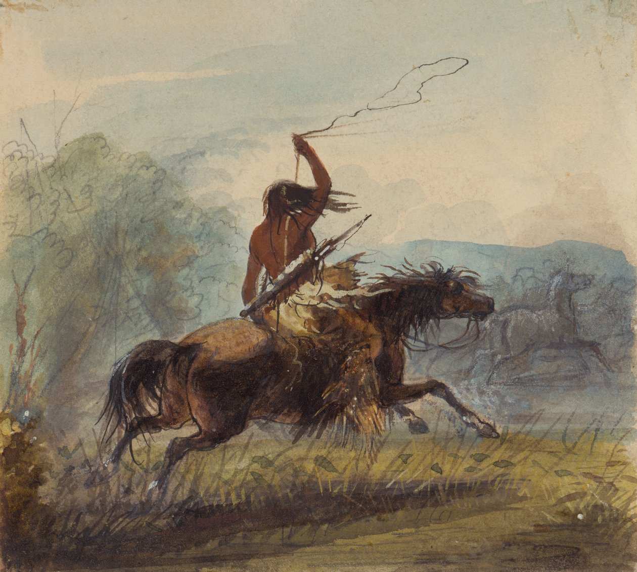 Shoshone Kadın Kement Fırlatma, c.1837 (kağıt üzerine kurşun kalem, suluboya ve guaj boya) by Alfred Jacob Miller
