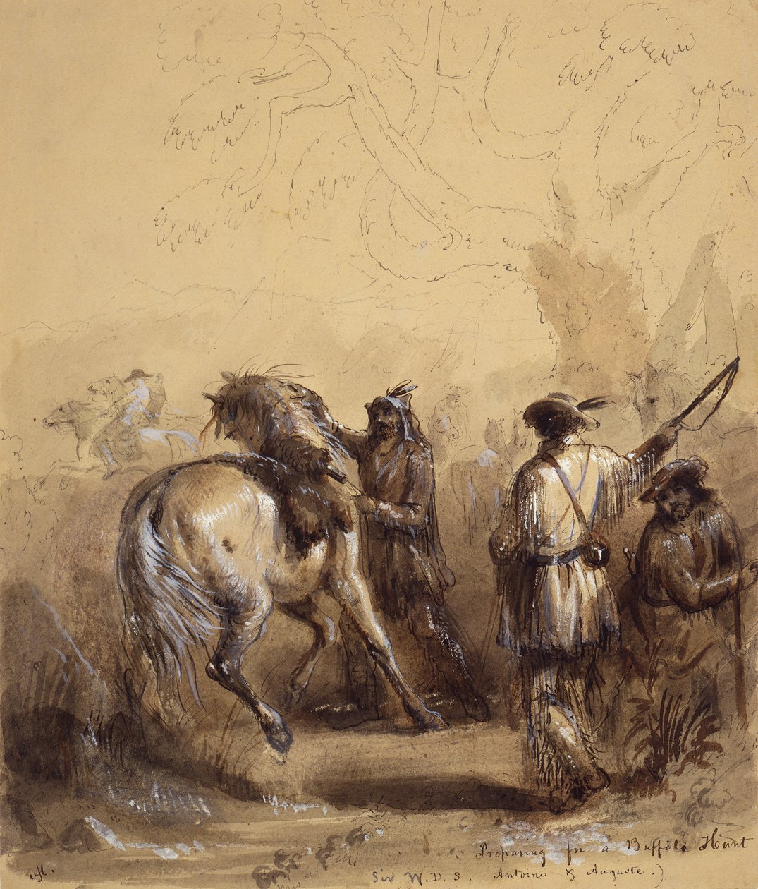 Sir W.D.S., Antoine ve Auguste veya Bir Buffalo Hunt için Hazırlık, c.1837 (kalem ve mürekkep, kağıt üzerinde yıkama ve guaj boya) by Alfred Jacob Miller