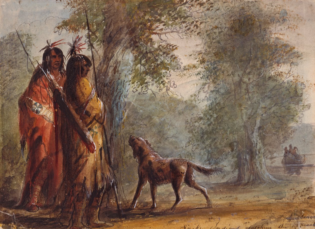 Kano Yaklaşımını İzleyen Yılan Kızılderilileri, 1837 dolayları (kağıt üzerine kurşun kalem, suluboya ve guaj boya) by Alfred Jacob Miller