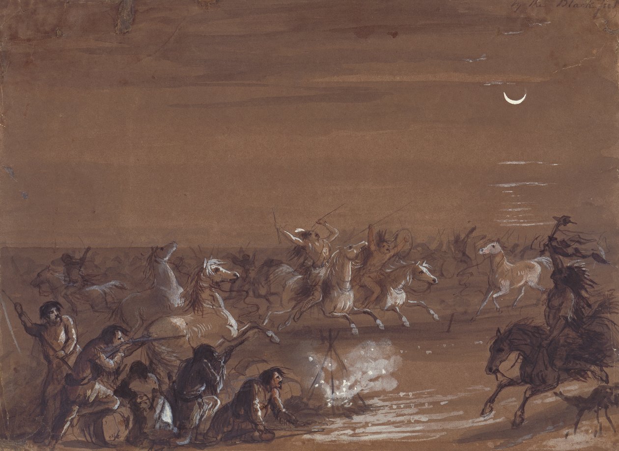 Stampede by the Blackfeet, c.1837 (koyu kağıt üzerine mürekkep, yıkama ve guaj) by Alfred Jacob Miller
