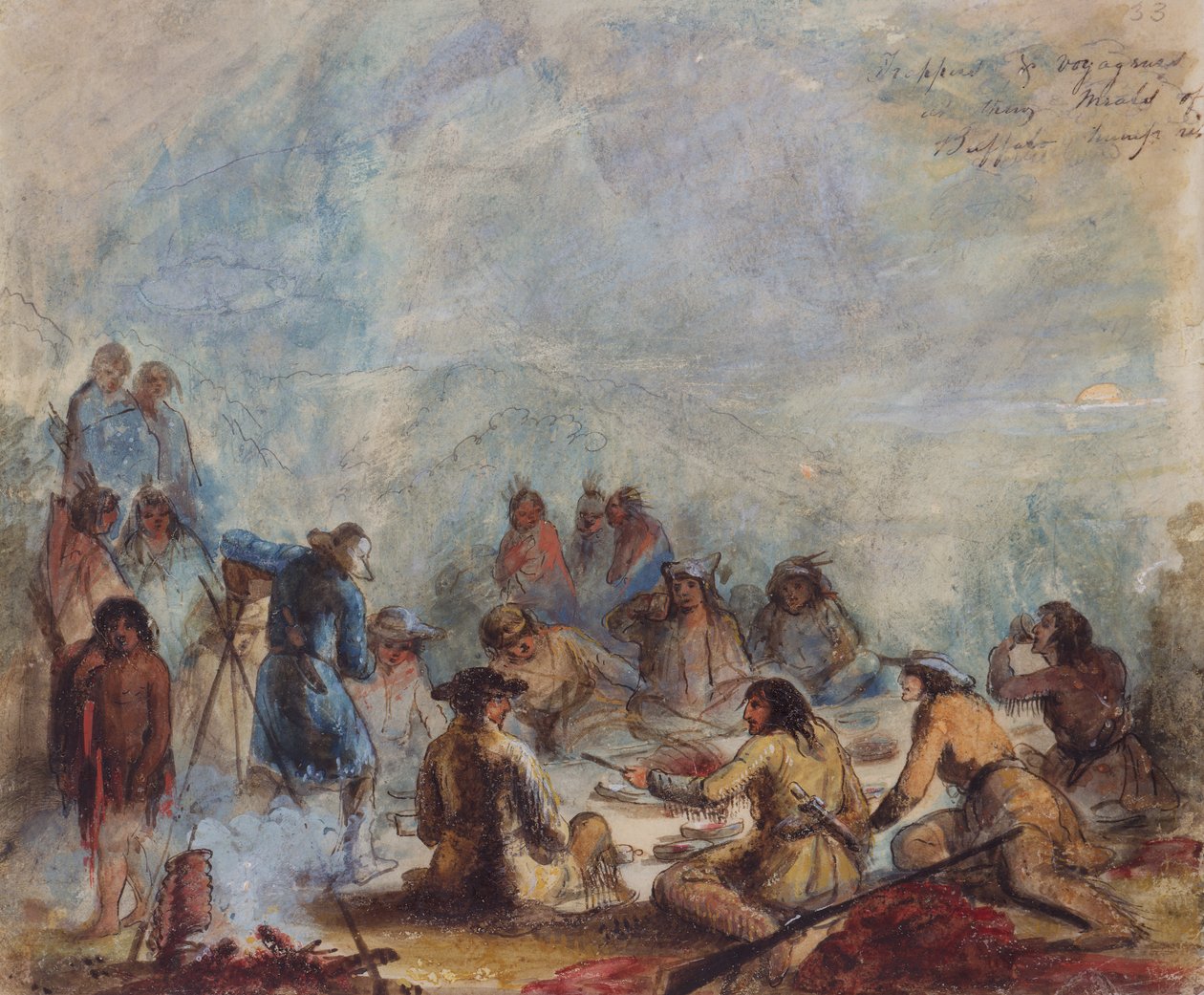 Gündoğumu, Tuzakçılar ve Gezginler, Buffalo Hump Rib Yemeklerinde, 1837 dolayları (kağıt üzerine suluboya) by Alfred Jacob Miller