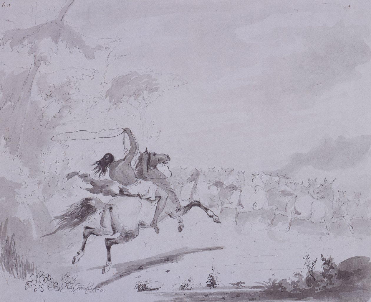 Kement Fırlatma, c.1837 (gri kart üzerine gri yıkamalı kalem ve mürekkep) by Alfred Jacob Miller