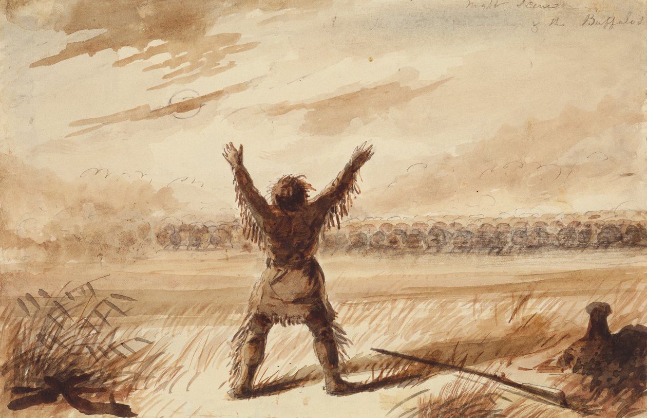 Bir Bufalo Sürüsü Tarafından Dinlenme Halinde Rahatsız Edilen Tuzakçı, 1837 dolayları (kalem, tükenmez kalem ve mürekkep ve kağıt üzerinde yıkama) by Alfred Jacob Miller