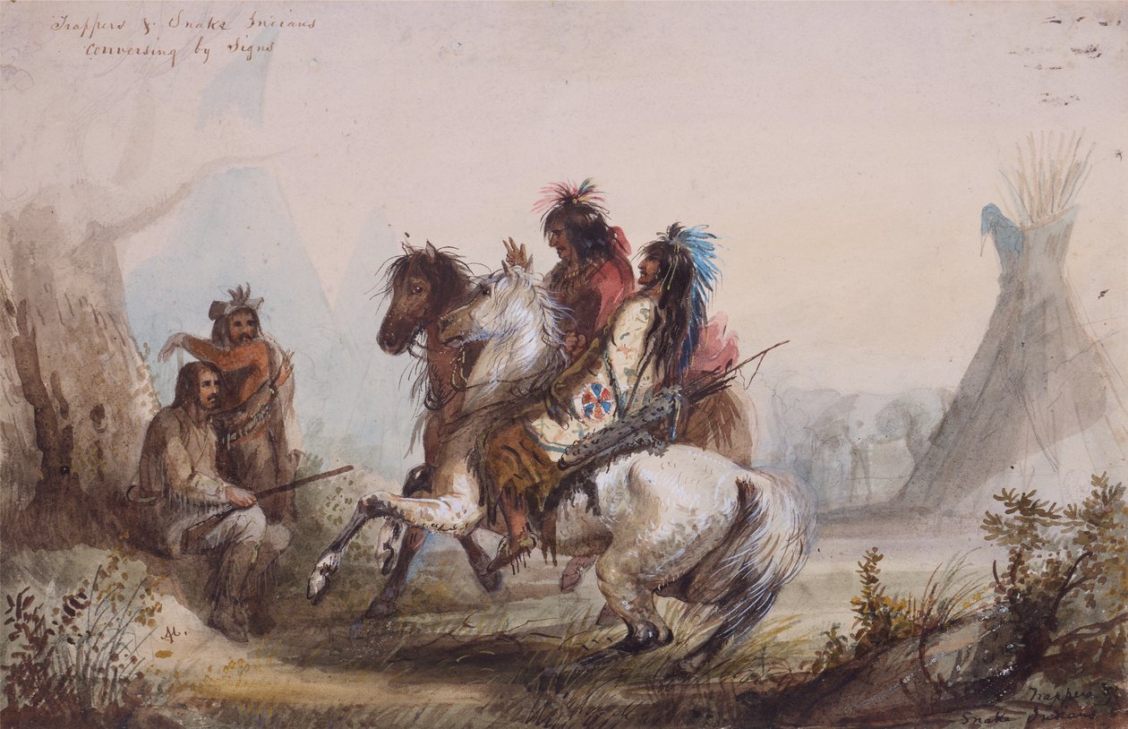 İşaretlerle Sohbet Eden Tuzakçılar ve Yılan Kızılderilileri, c.1837 (kağıt üzerine kurşun kalem, suluboya ve guaj boya) by Alfred Jacob Miller
