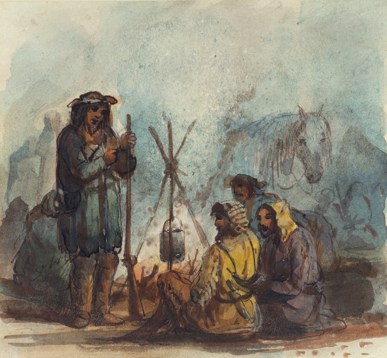 Trappers, c.1837 (kalem ve mürekkep, kağıt üzerine sulu boya ve guaj boya) by Alfred Jacob Miller