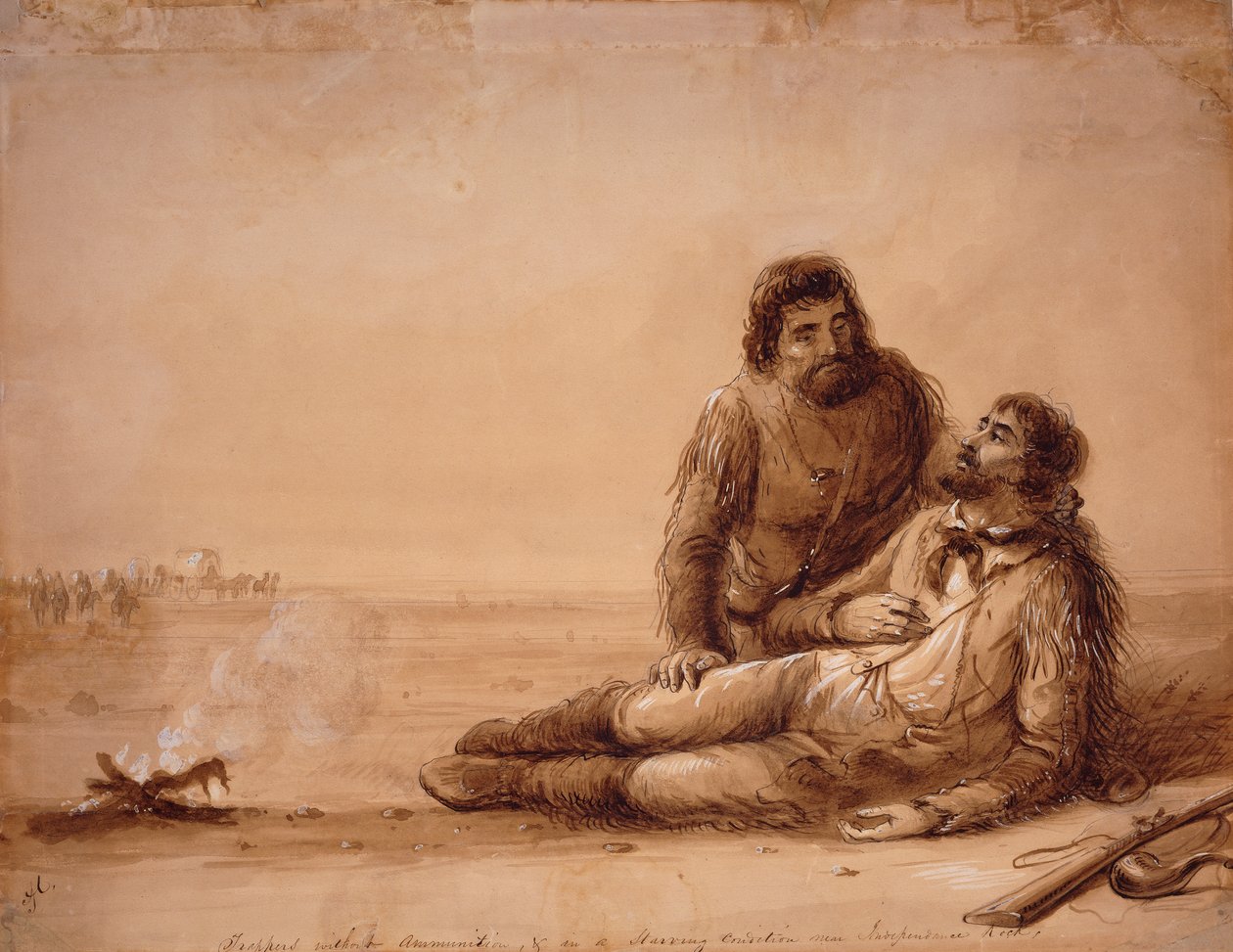 Mühimmatsız ve Bağımsızlık Kayası yakınında Açlıktan Ölen Tuzakçılar, 1850 dolayları (kağıt üzerinde sepya yıkama) by Alfred Jacob Miller