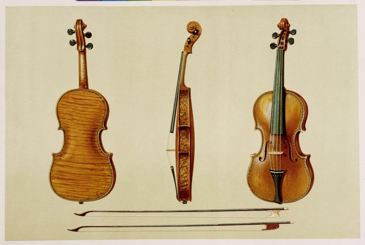 Antonio Stradivarius (c.1644-1737) tarafından 1679'da 'Müzik Aletleri'nden (renkli lito) yapılan Hellier kemanı by Alfred James Hipkins