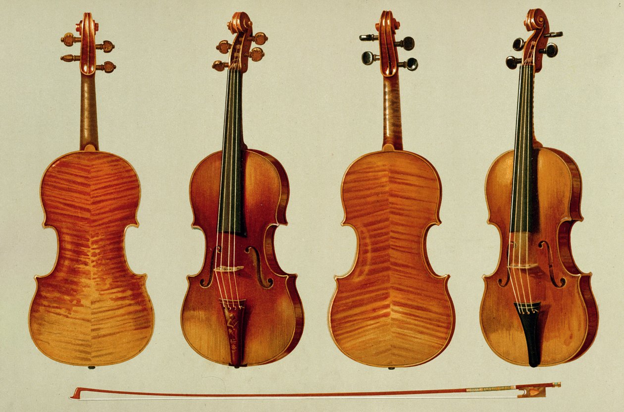 Kemanlar (LtoR): Antonio Stradivarius (c.1644-1737) 1715'in 'Alard'ı ve 'Müzik Aletleri'nden (renkli lito) Giovanni Guarneri'nin 'del Gesu' (d.1744) 'Kral Joseph'i by Alfred James Hipkins