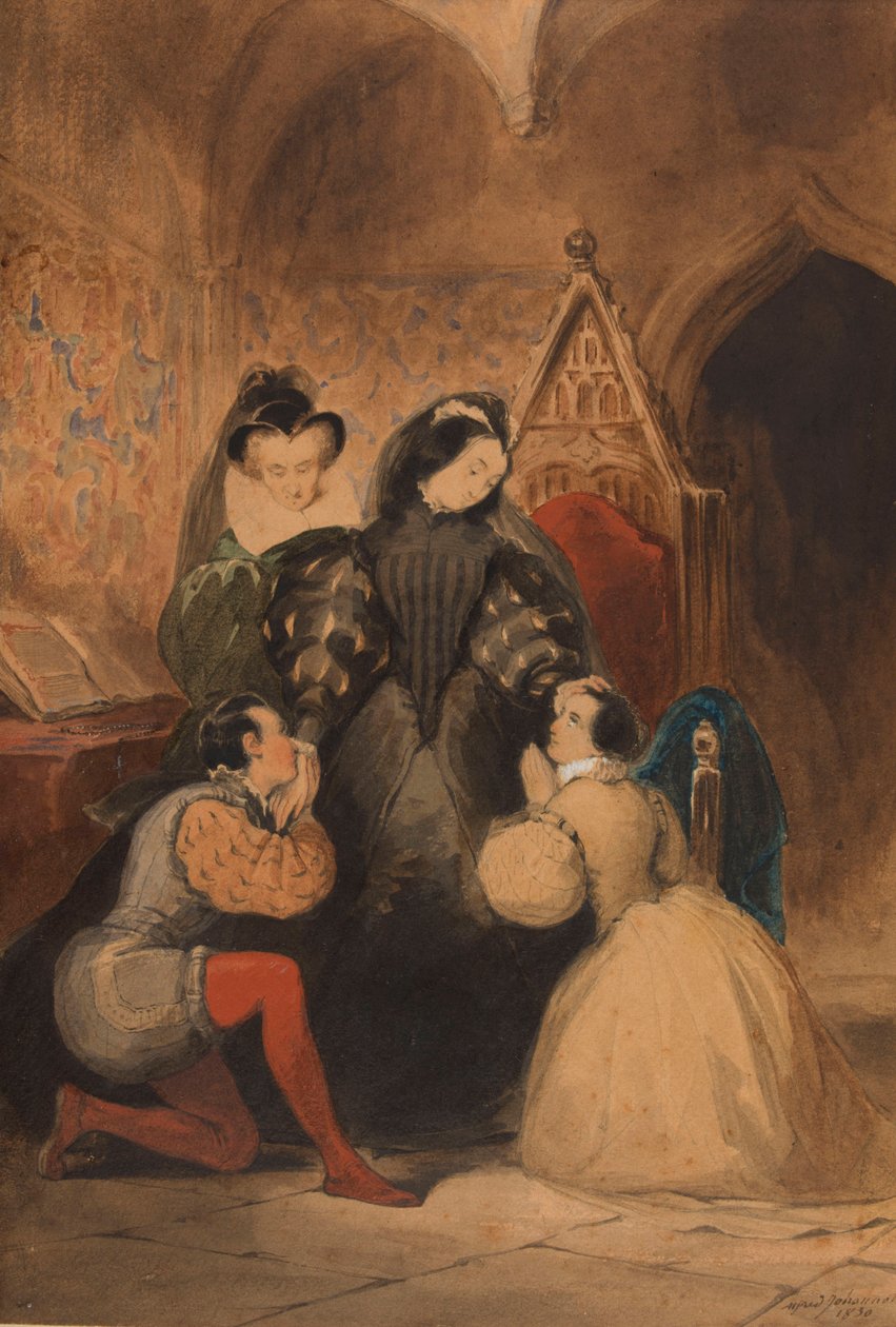 Mary Stuart, Roland Groeme ve Catherine Seyton'u kutsuyor. Walter Scott'ın The Abbot'undan sonra, 1830. by Alfred Johannot