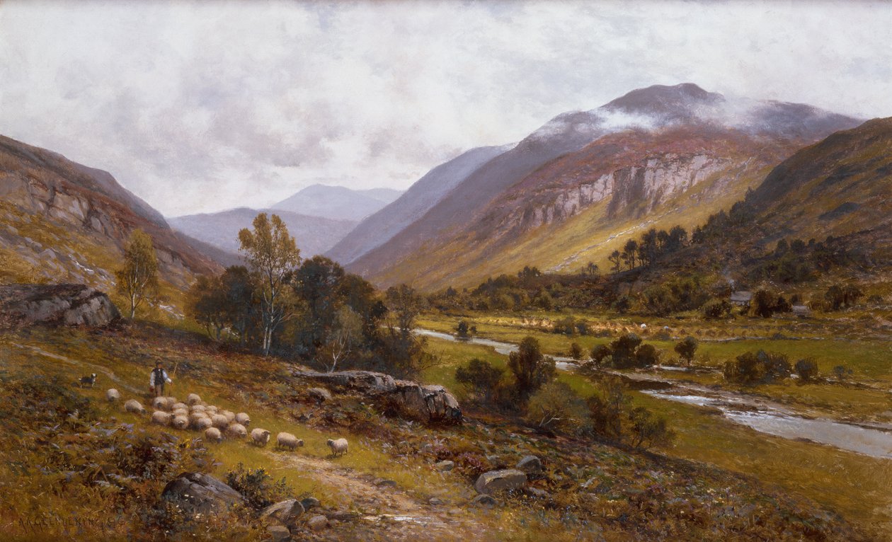 Ötesinde Dağlık Manzaralı Bir Nehir Vadisi (tuval üzerine yağlı boya) by Alfred Jr. Glendening